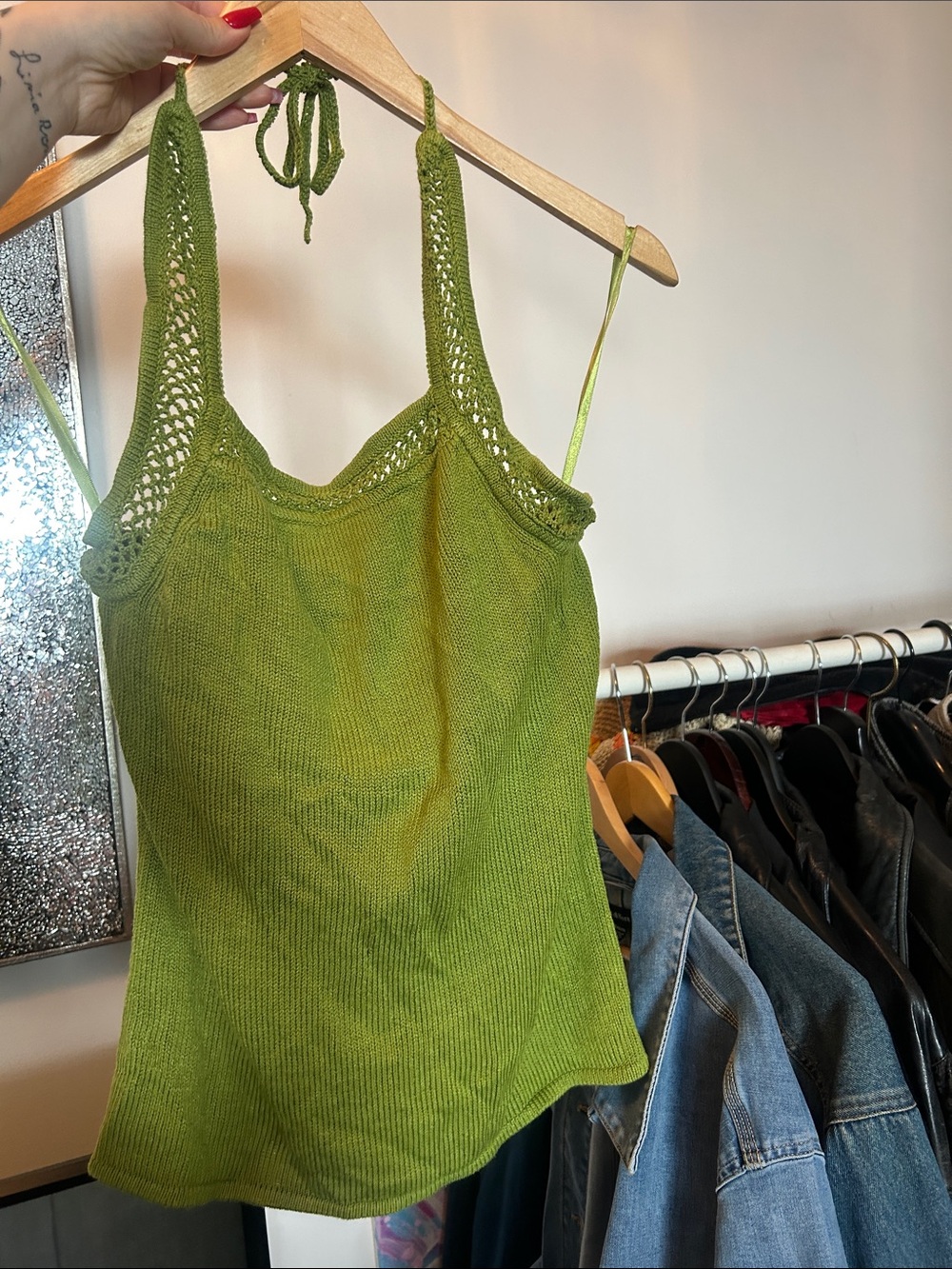 Green Knit Silk Halter Tank Top - Lined